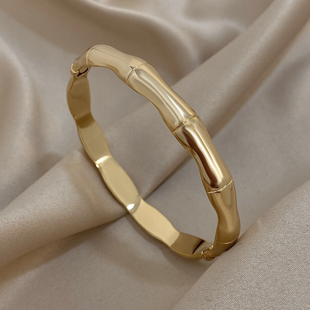 

Elegant Smooth Bamboo Shape Stainless Steel Bangle Bracelet for Women Vintage Geometric Spring Opening Bangle Waterproof Jewelry