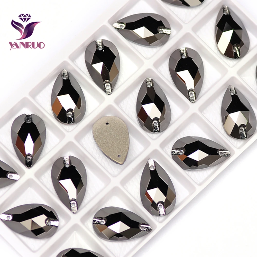 YANRUO 3230 Drop Jet Hematite Glass Sewn Rhinestones Crystal Stones Flatback Rhinestones for Sewing and Needlework Craft Gems