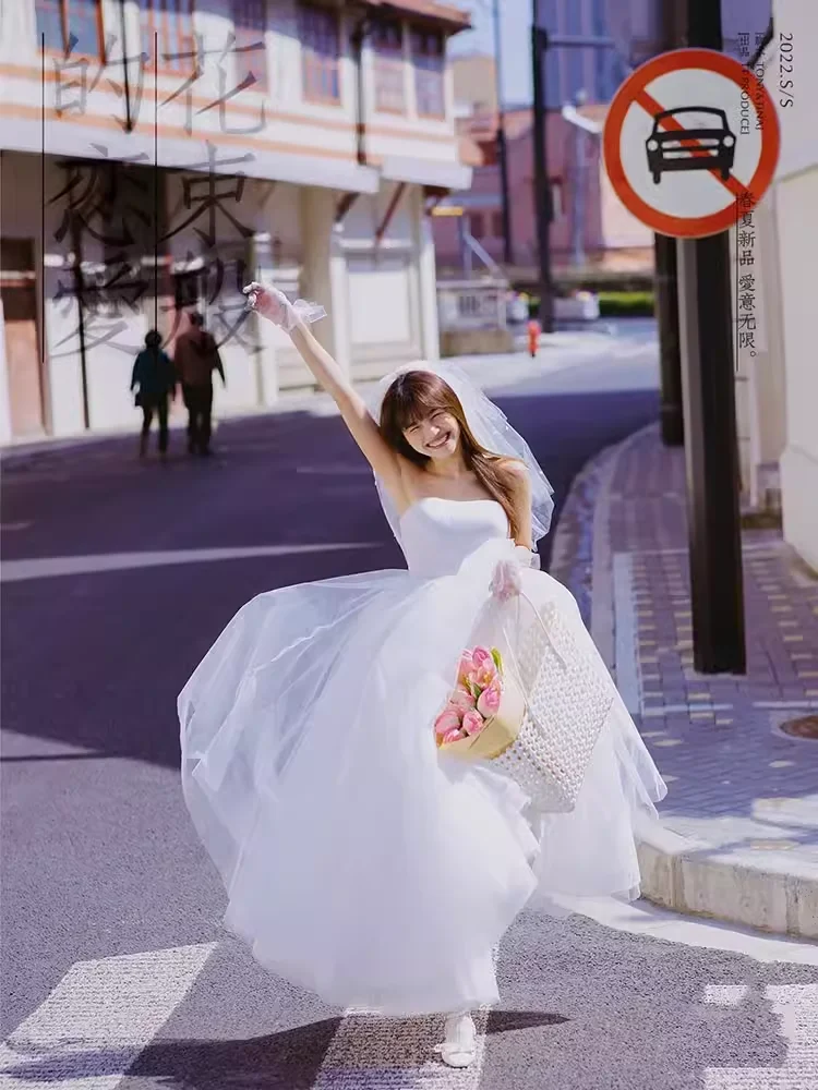 TAFN Japanese Wedding Dress French Strapless White Short Dress Couple Street Photo Shoot Dresses ウエディングドレス