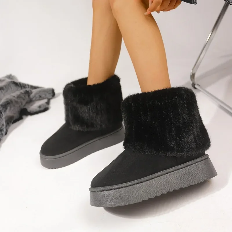 Shoes for Women Winter Slip on Women\'s Boots Black Round Toe Solid Flock Plush Warm Mid Heel Water Proof Casual Snow Boots Women