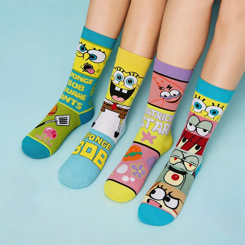 New Style Funny Yellow Sponge Cartoon Square Anime Cartoon Character Personalized Novelty Socks Men Women Breathable Cotton Hip