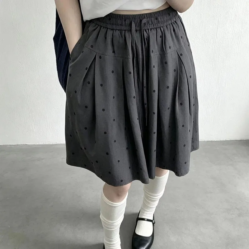Korean Chic Polka Dot Capris Pants Women Elastic High Waist Drawstring Wide Leg Loose Trousers Retro Casual Streetwear
