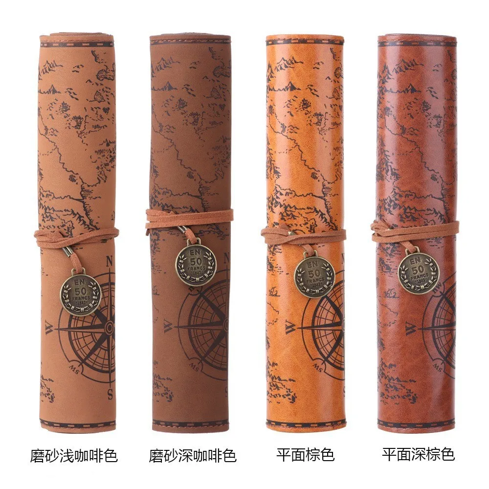 Antique World Map Roll Up Pen Bag Vintage Leather Pencil Case Artist Sketching Stationery Storage Pouch