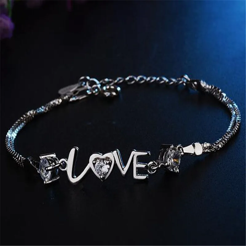 925 Sterling Silver Bracelet Heart Love Round Cubic Zirconia Double Chain Linked For Women Charm Bangle Jewelry Christmas