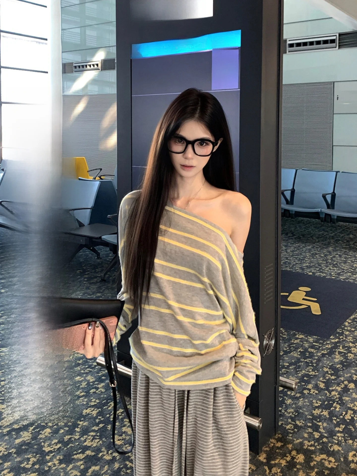 

Early Autumn Sweet Simp Milan Holiday Casual Loose Long Sve One oulder Striped Women's Top Comfortable Soft Cotton Blend