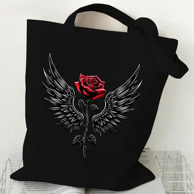 Gothic Rose Wing Print Shoulder Bag Women Vintage Plant Flower Style Shopping Bag Teen Fashion Floral Canvas Ladies Tote Handbag