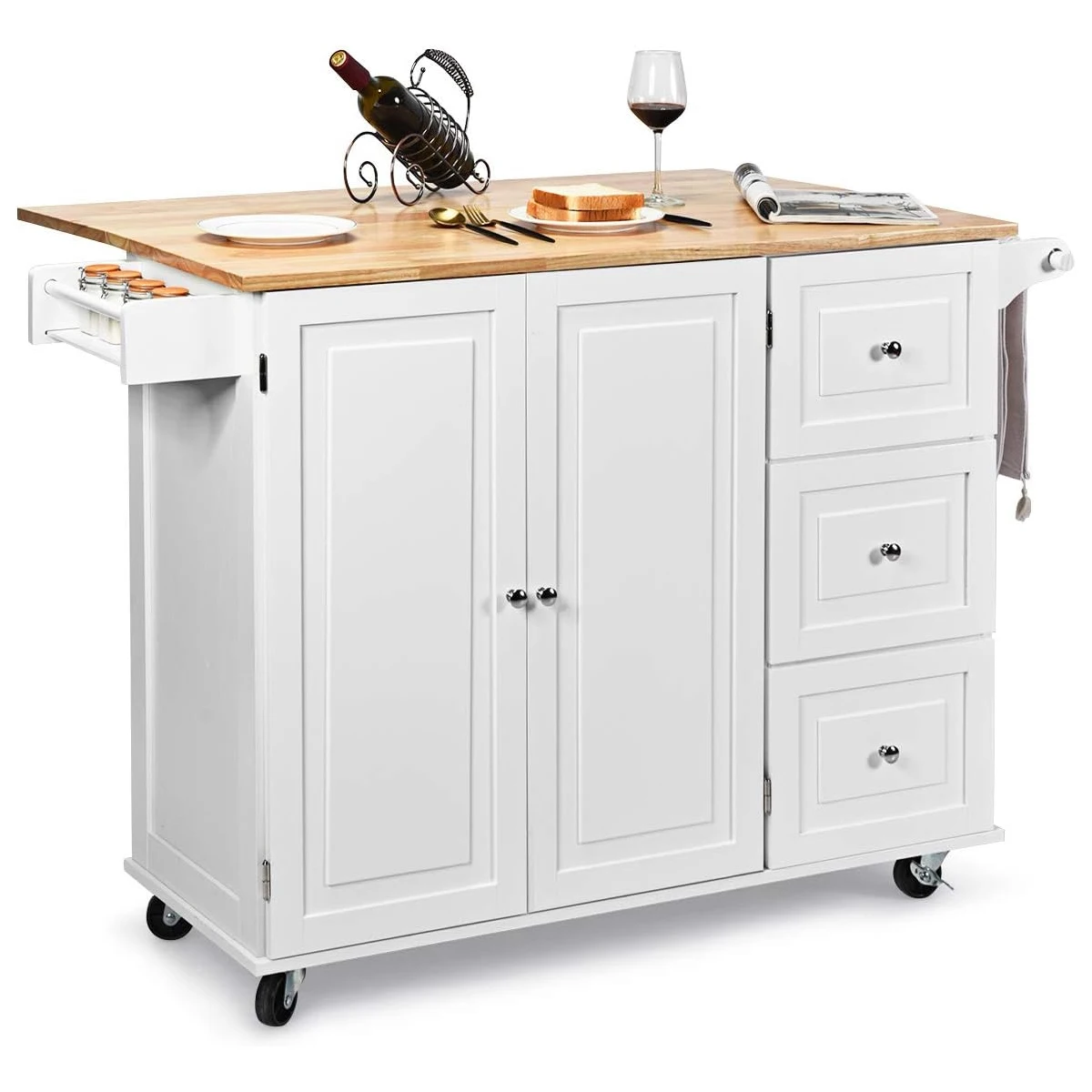 Kitchen Carts Rollable Kitchen Island with towel holder Wood Kitchen wardrobe serving trolley Kitchen Island Cart Microwave Cart