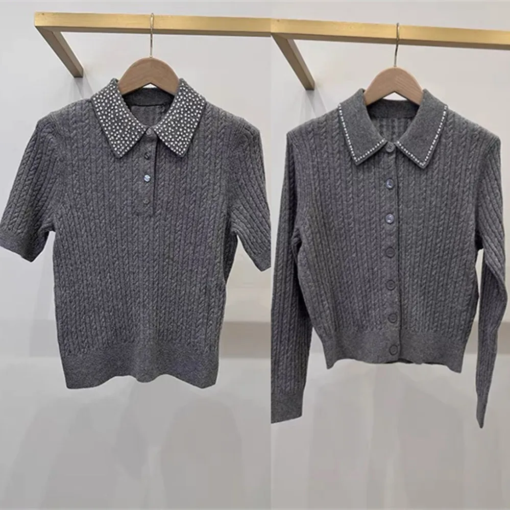 

High-End Version European Sle Collar Long Sve Knitted Open Cardigan Top Faionable Diamond Embedded Women's Clothing