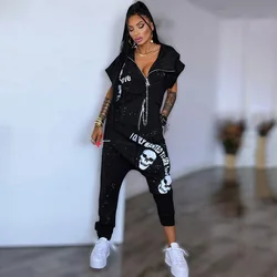 Gymdolphins 2023 New Female Black Loose Outdoor Sportswear Casual Short Sleeves Lapel Collar Zippered Jumpsuits For Women