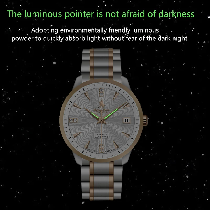 Polo Club Classic Business watch for men Stainless Steel Strap 50m Waterproof Individual Date Display Skeleton Luminous PL250