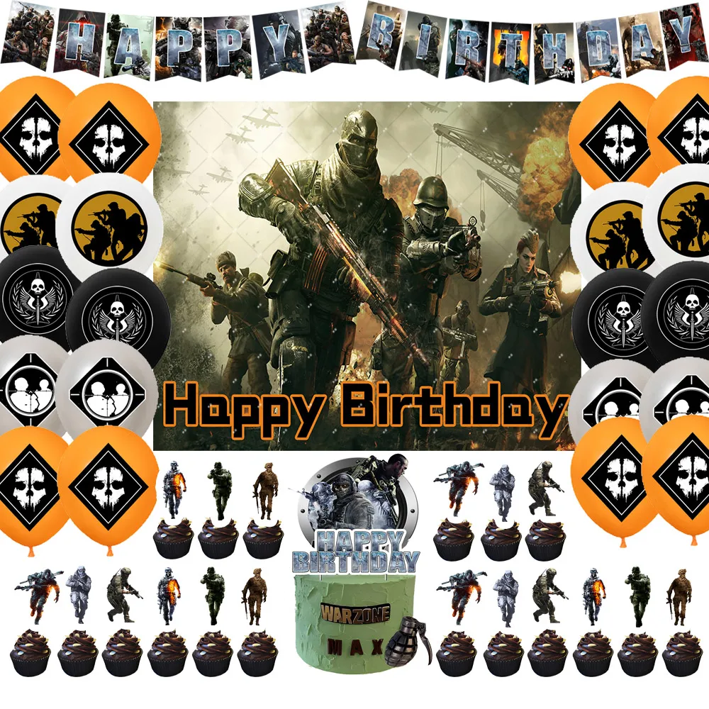 

Call of Duty Theme Birthday Party Decor Supplies Cartoon Shooting Game Balloon Cake Topper Baby Shower Banner Backdrop Boys Gift