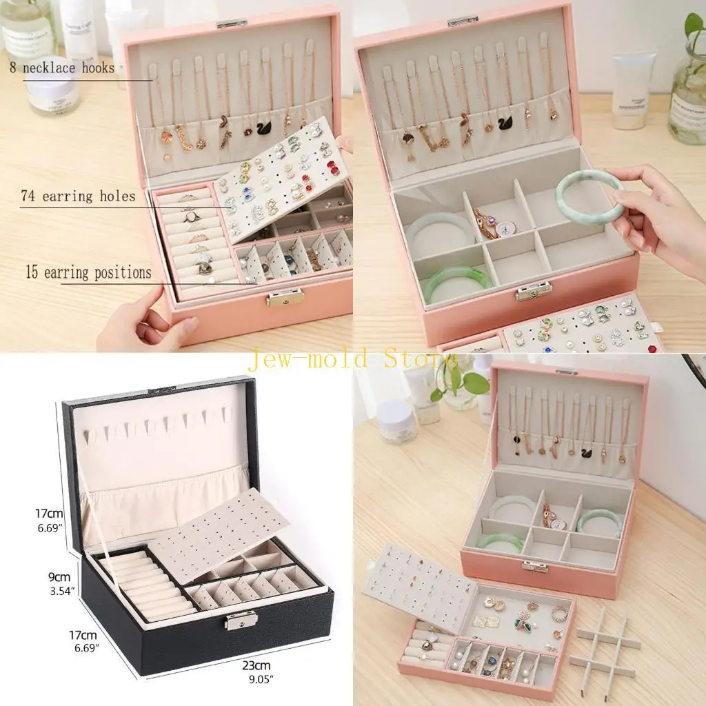 C71B المحمولة السفر بو طبقات مزدوجة صندوق مجوهرات عرض المنظم أقراط خواتم القلائد تخزين حامل هدايا النساء الفتيات