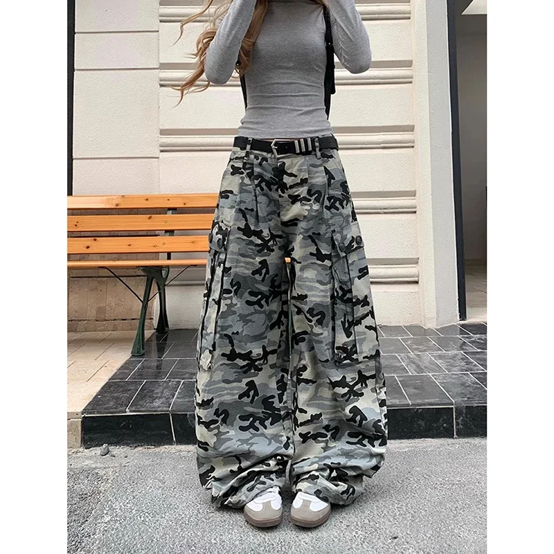

2025 Spring American Retro Camouflage Jeans Women High Waist 2000s Baggy Y2K Denim Cargo Pants Hip Hop Wide Leg Trousers