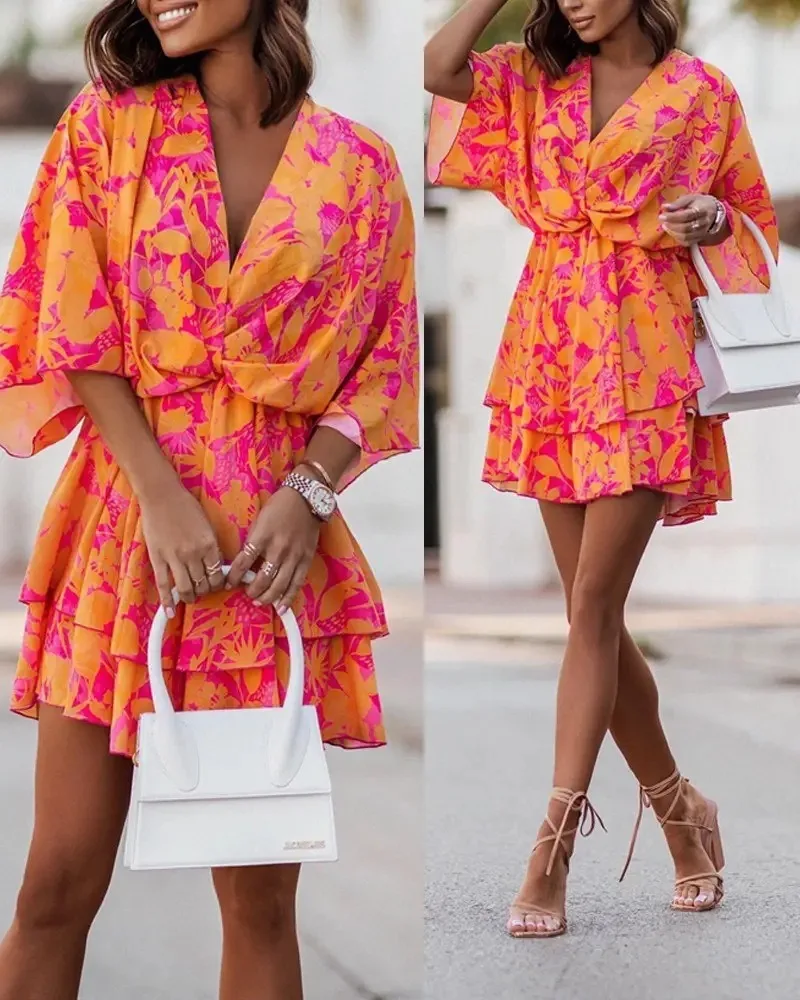 

Sexy Women V-Neck Flowers Print Dress Bohemian Ruffl Mini Beach Sundress Ladies Loose Summer Holiday Vacation Short Dresses 2026