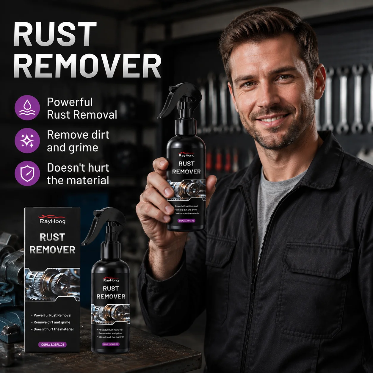 RayHong Rust Remover Stubborn Rust Dissolving Oil Residue Cleaning Material Safe Metal Maintenance Rust Remover Spray 100ml