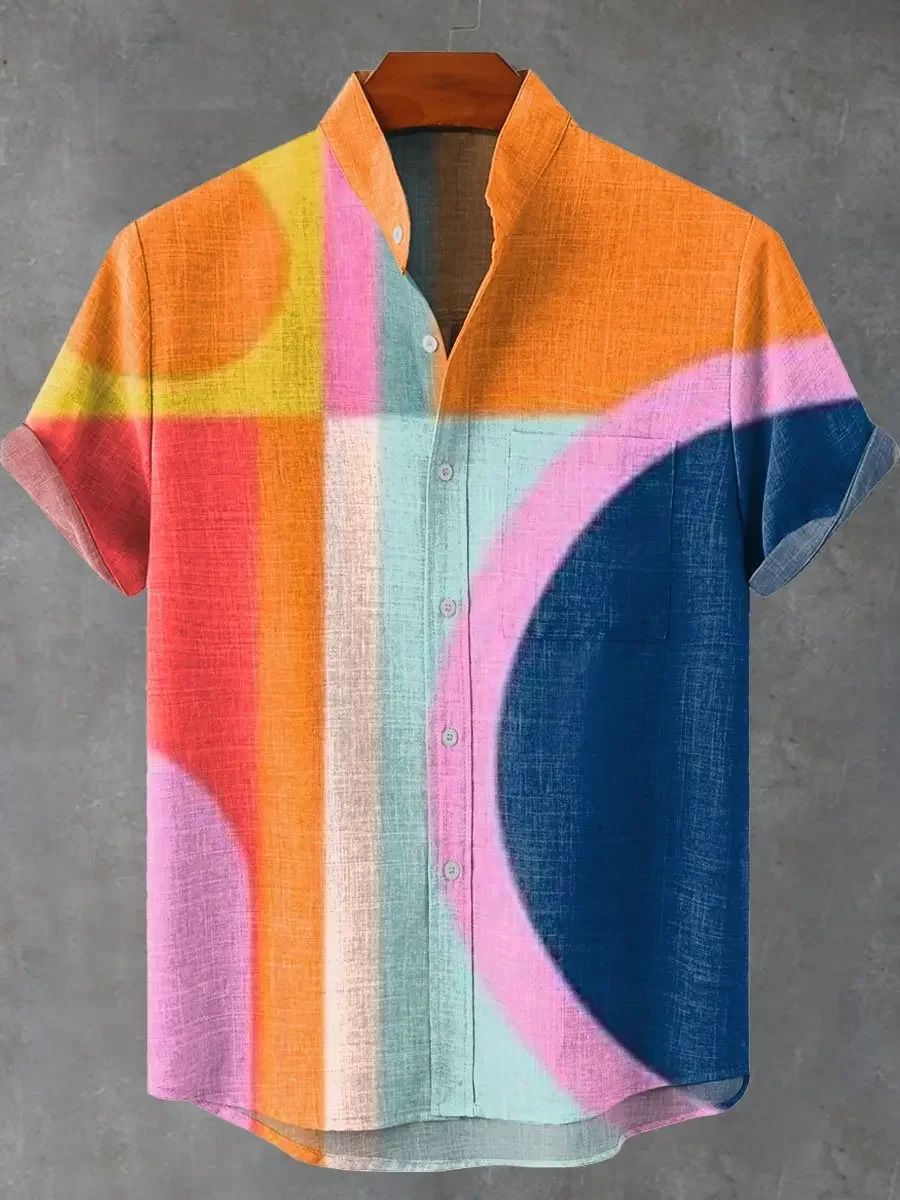 Fashionable new casual men's comfortable and fashionable loose printed shirt, casual linen button breathable fashionable top