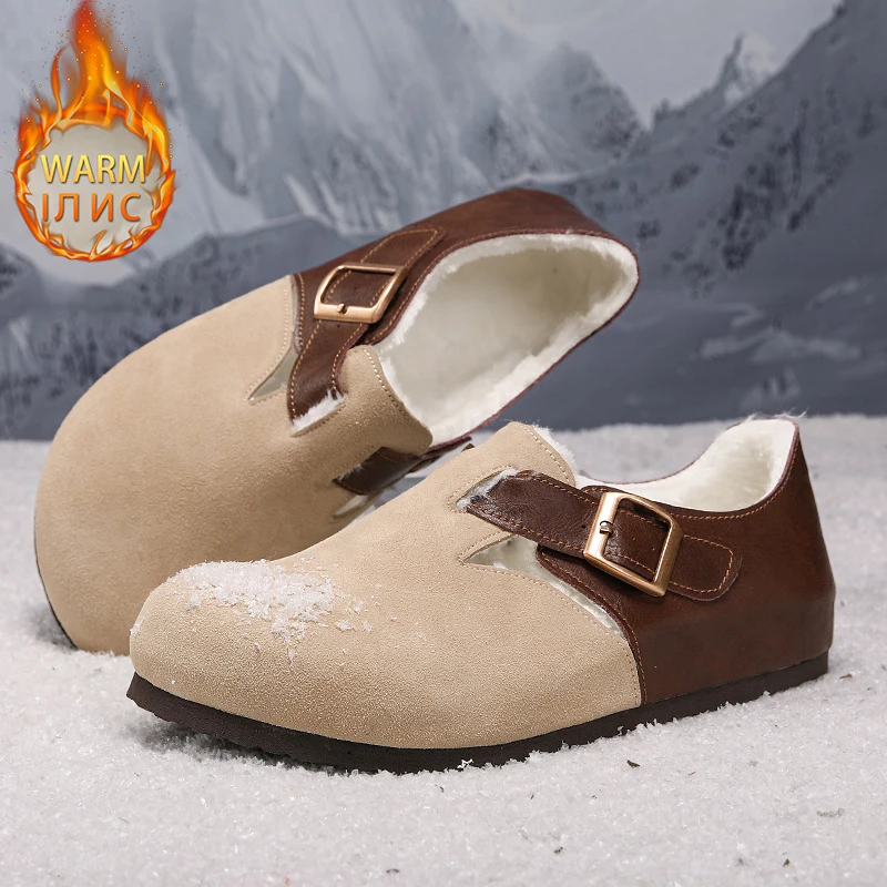 Autumn Winter No/with Fur Men's Shoes Women Mules Shoe Arch Support Couple Flats Suede Leather Sandals Retro Cork Clogs Loafers