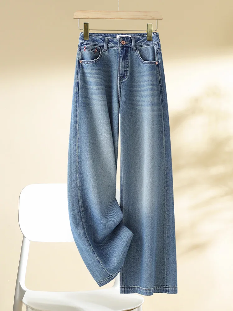 

Light Blue Straight-Leg Fleece-Lined Jeans for Women Winter High-Waisted Slimming Thickened Narrow Pants