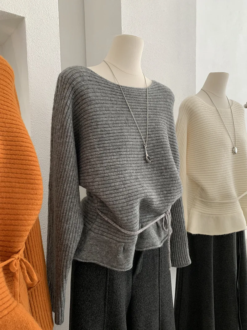 French Style Gentle Ruffles Lace Up Women's Sweater Fashion Temperament Solid Color Long Sleeve Soft Knitwear Vintage Tops