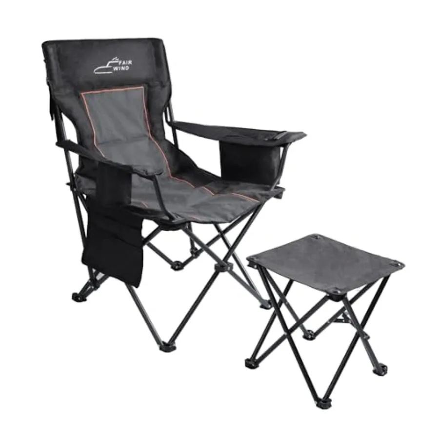 

Oversized Padded Camping Chair with Footrest Stool Set Heavy Duty Support 300 LBS Cooler Bag Chair - Black