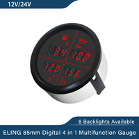 ELING Car 12V 24V 52mm 85mm 4 in 1 Multifunction Gauge with Fuel Level Oil Pressure Water Temp. Voltmeter and 8 Colors Backlight