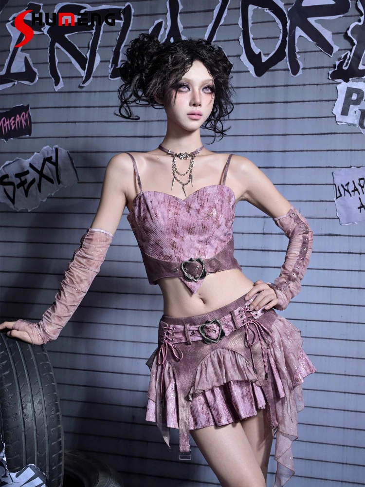 

Оригинальные комплекты женских юбок Subculture в стиле панк, милый крутой бюстгальтер с бабочкой для девочек + сетчатая лоскутная юбка с низкой талией, элегантная Y2K