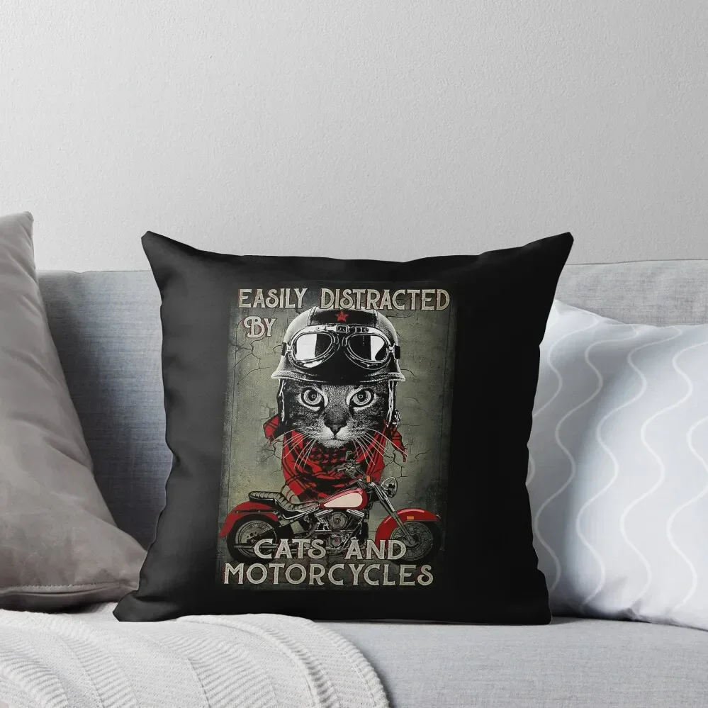 Easily Distracted By Cats And Motorcycles - Cat Biker Throw Pillow christmas decorations 2025 Pillows Aesthetic pillow