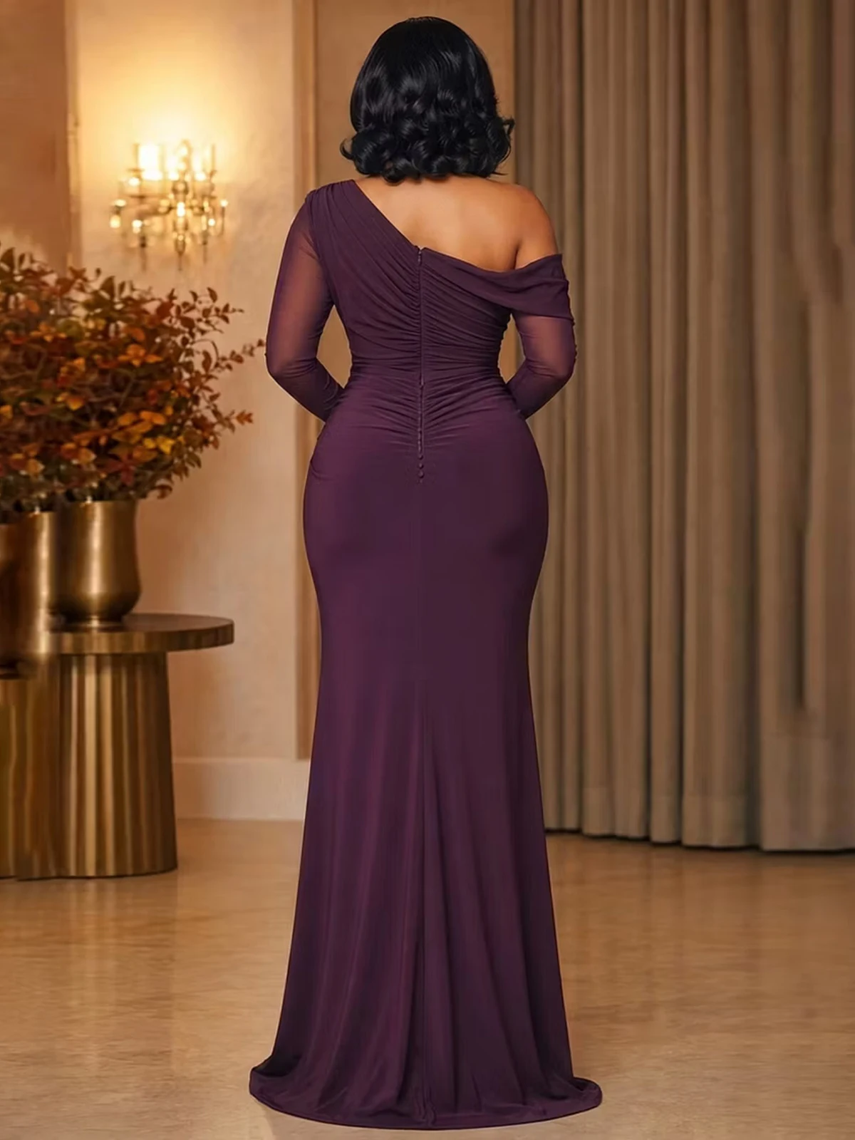 Plus Size Women One Shoulder Evening Dress Mesh Long Sleeve Mermaid Dress Ruched Waist Knot Formal Wedding Guest Party Chic Gown