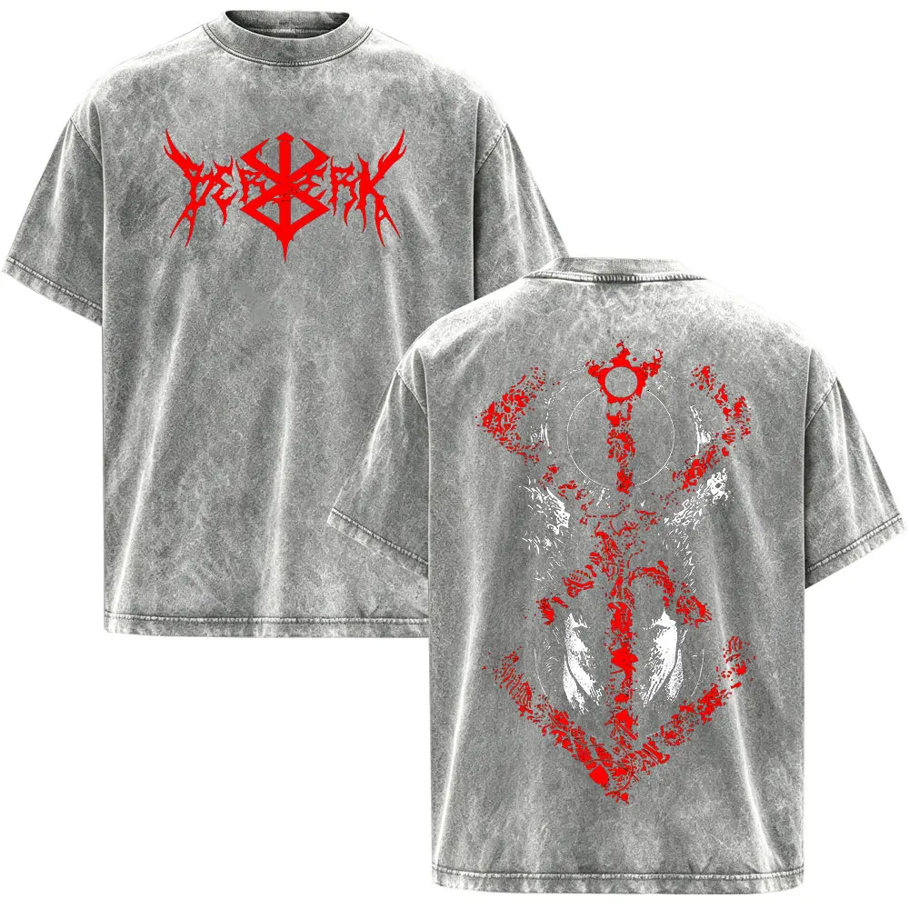 Japan Anime Berserk Guts Griffith Vintage Washed T-shirts Men Women Cotton Casual Oversized T-Shirt Fashion T Shirts Streetwear