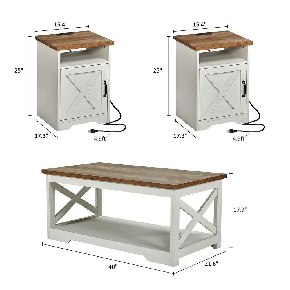 3 Piece Farmhouse Living Room Coffee Table Set, Distressed White