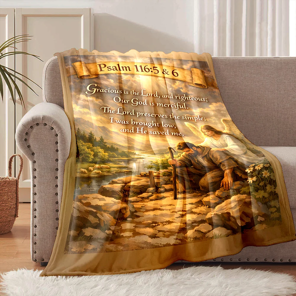 1PC Psalms Angel aiding a praying man Faith-printed Flannel Blanket Soft and Warm Suitable for Home Travel Picnics Camping RV