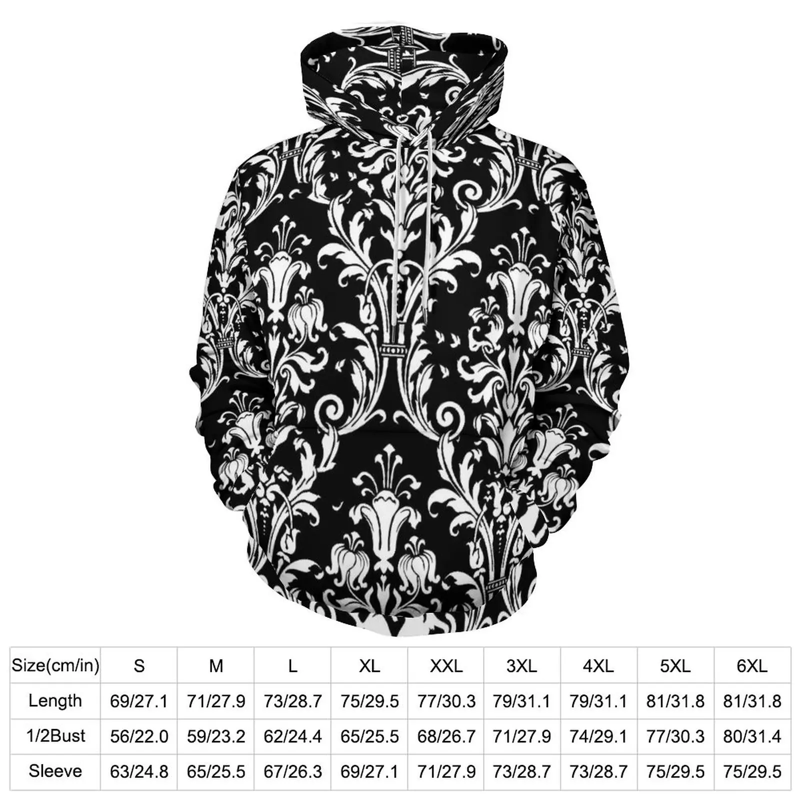 Damask Print Loose Hoodies Floral Swirls Aesthetic Pullover Hoodie Unisex Long Sleeve Oversized Street Wear Graphic Sweatshirts