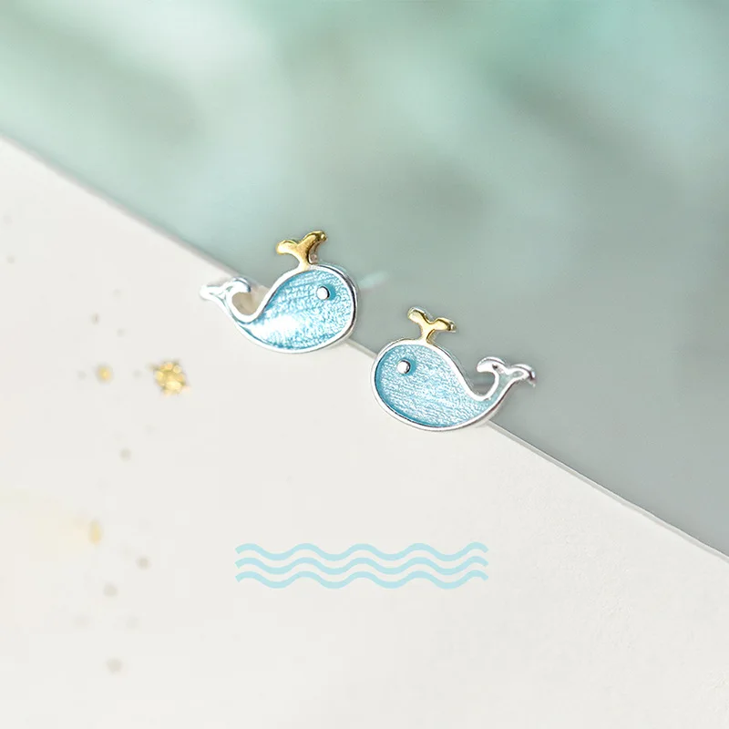 VOQ-Brincos de Baleia Pequenos para Mulheres, Cor Prata, Versão Coreana, Azul Fresco, Animal Marinho Bonito, Presente para Senhoras