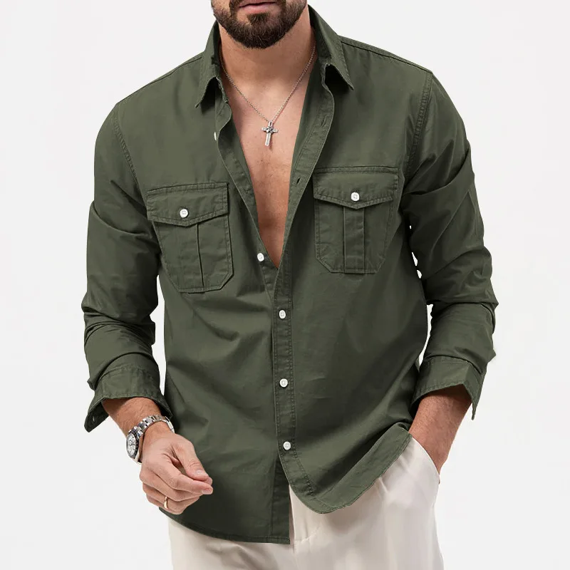 Army Green Tactical Cargo Shirt For Men Chest Two Pockets Long Sleeve Men\'s Shirt Stylish 2023 Trend Loose Casual Chemise Hombre