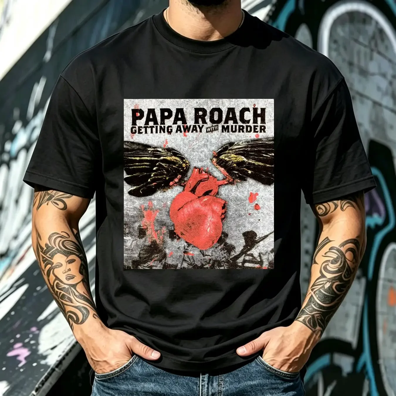 washed T Shirt PAPA ROACH med Getting Away with Murder concert tee 2004 nu metal long or short sleeves vintage Washed graphic