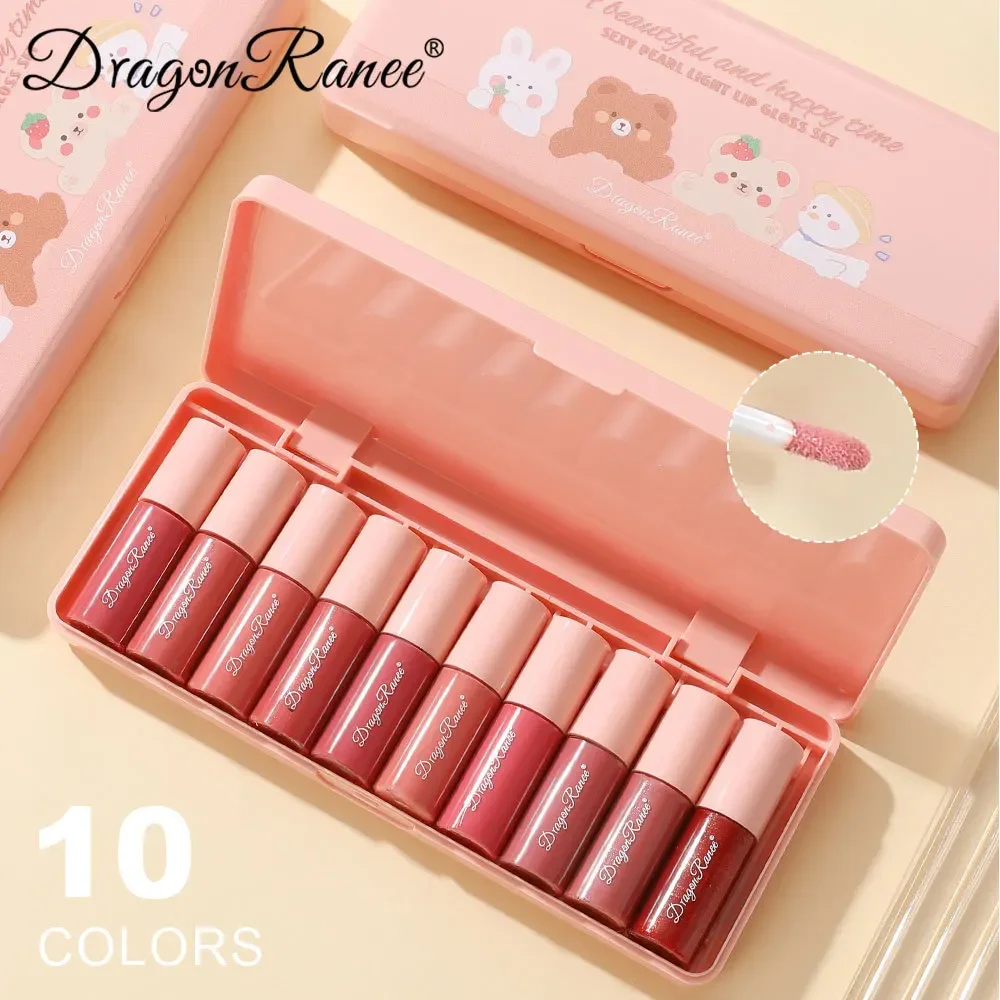 Dragon Ranee Liquid Lipstick 10pcs Cartoon Set mini Lip Glaze Moisturizing Non stick cup Lip Tint Mirror Water Light Lip Gloss