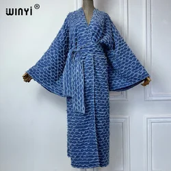 Winyi Kimono Plüsch Everted Denim lange Daunen mantel Maxi kleid elegante Party Urlaub Schwimmen Strand vertuschen Mode kleid Abaya