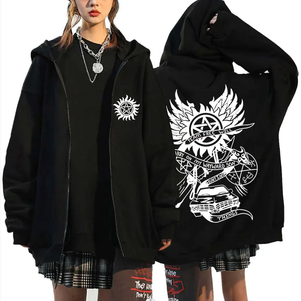 

Supernatural Merch Zipper Hoodie Men Women Gothic Rock Oversized Zip Up Jacket Male Casual Retro Fleece Cotton Zip Up Sweatshirt
