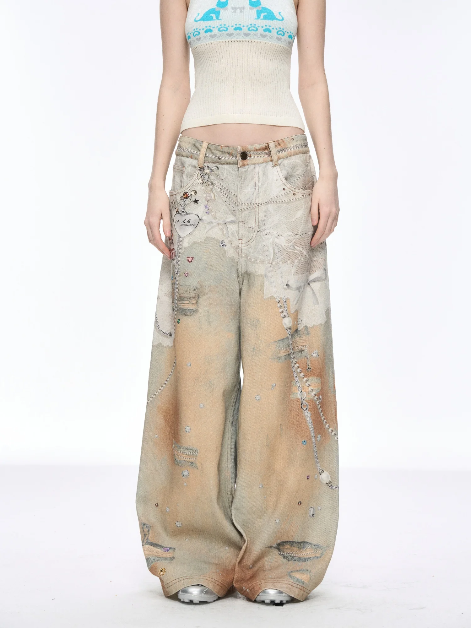 Original Design Hand Painting Denim Pants Women Light Blue Novelty Lace Chains Patch Printing Wide Leg Punk Rock Jeans Trousers