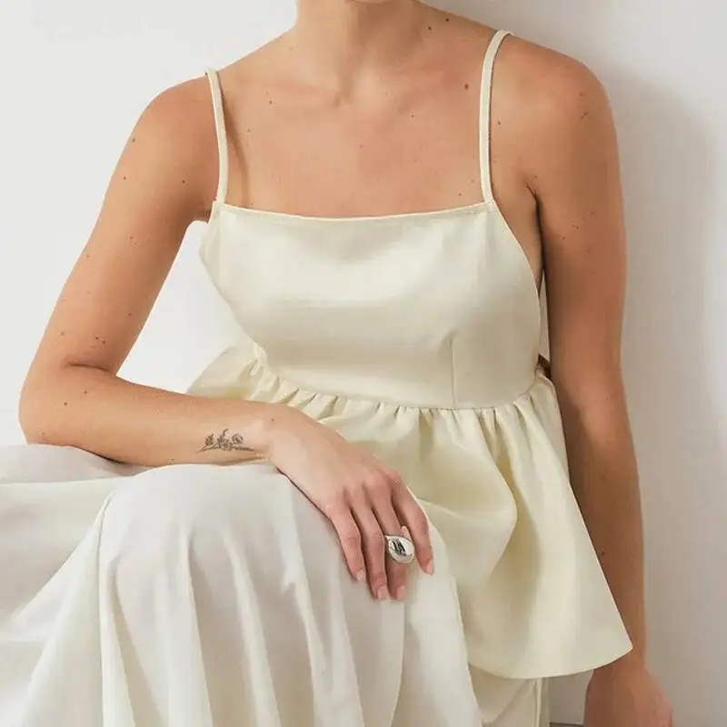 Satin Camisole Sexy Backless Ruffle Edge Adjustable Camisole Square Neck Short Solid Color Women Summer Temperament Elegant Top