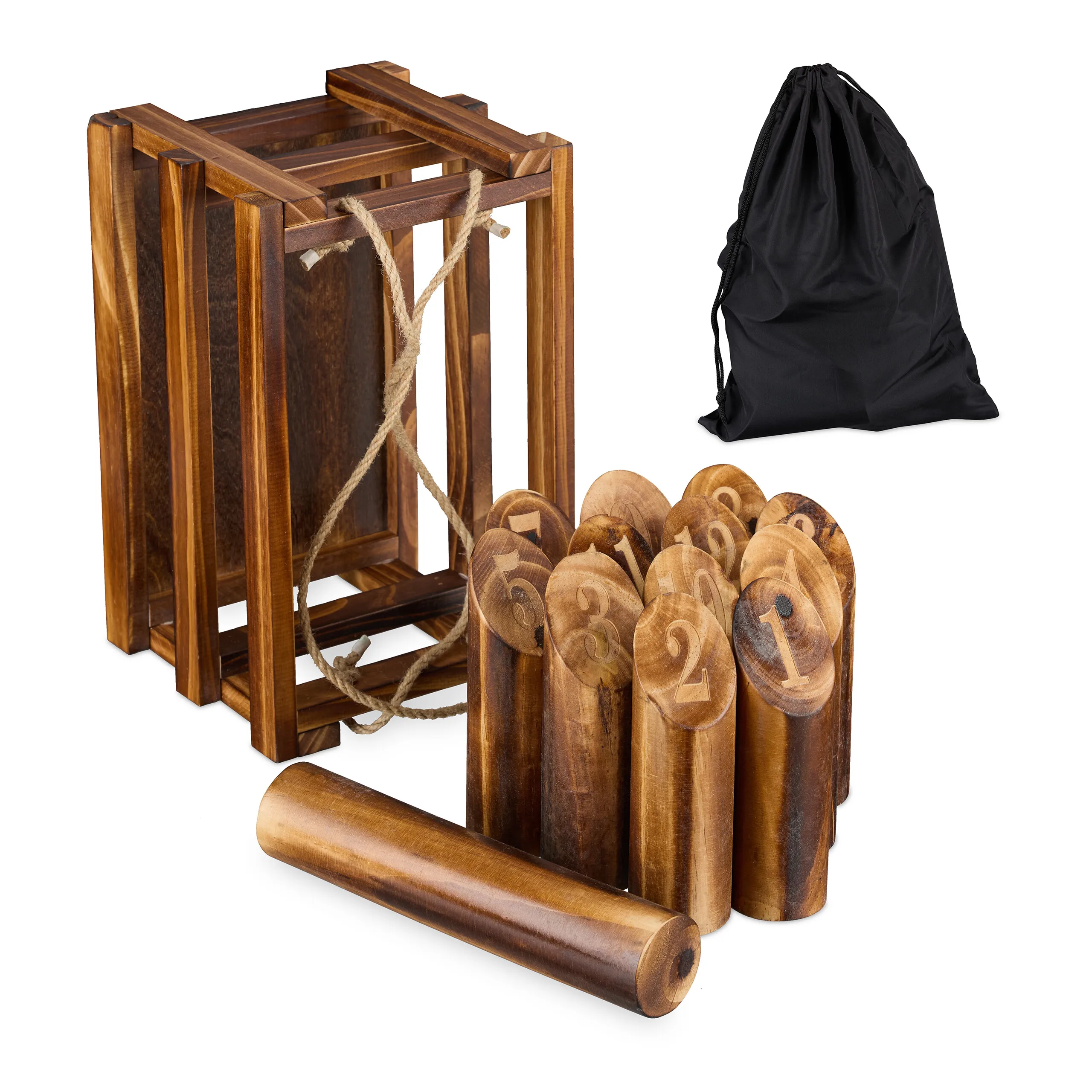 Juego Kubb, juego de lanzamiento finlandés de madera, para jardín, parque y camping, con bolos numerados, caja de madera y bolsa, Relaxdays