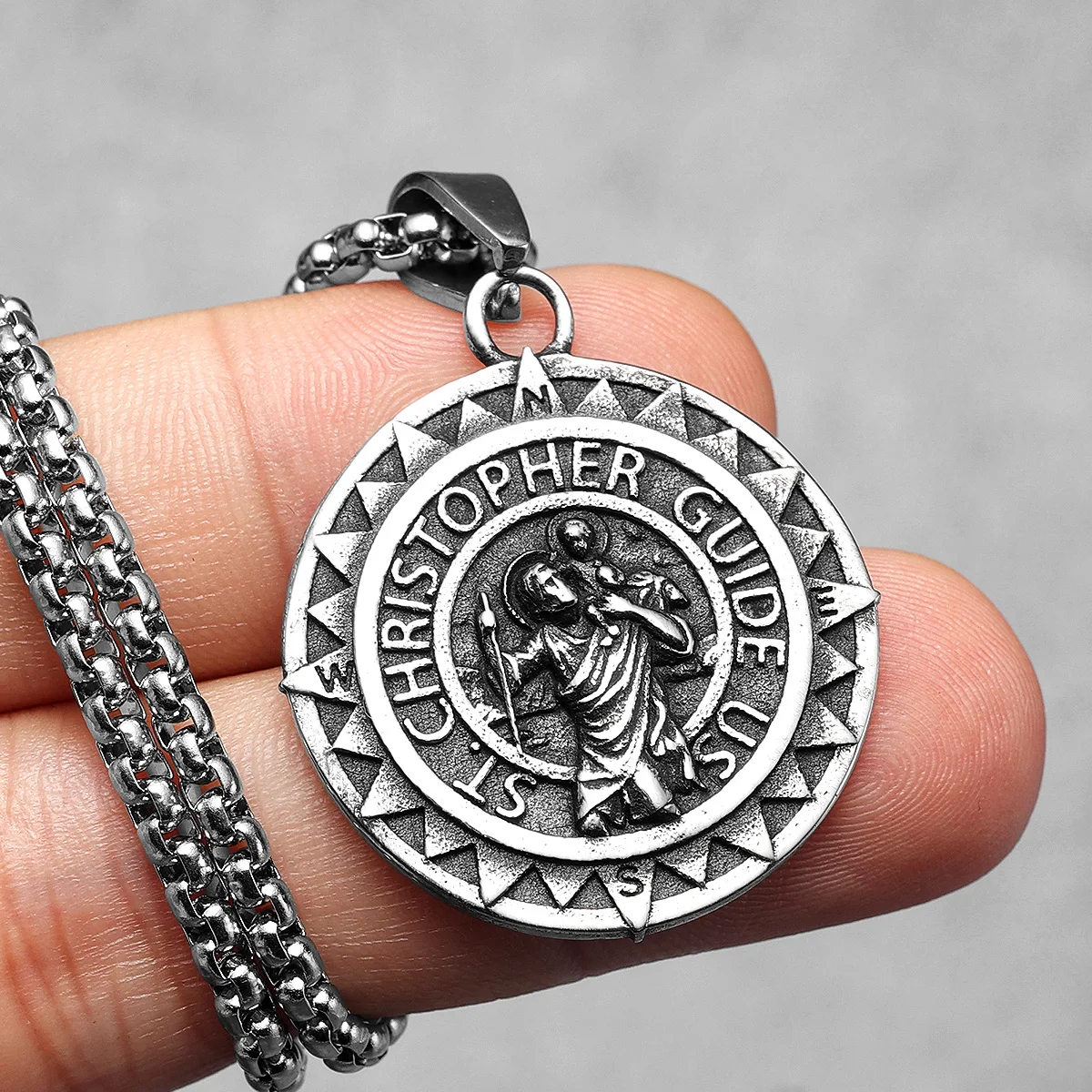 St Christopher Pendant Stainless Steel Necklace Compass Amulet Men Chain Rock Punk Party for Rider Male Jewelry Gift Wholesale view 4