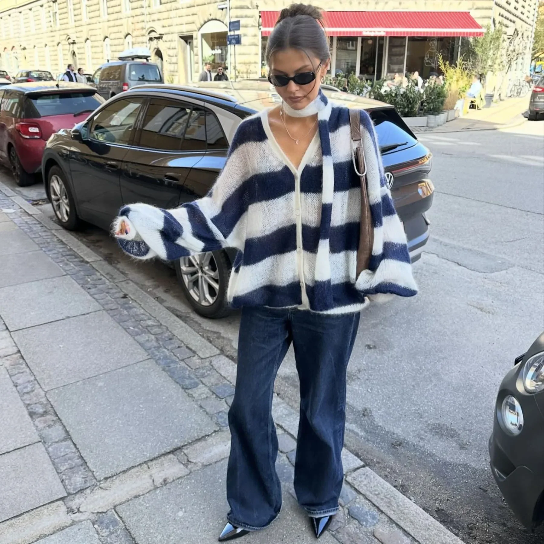 Crossborder Amazon Aliexpress Independent Station Autumn and Winter Explosions Loose Lazy Stripes with Scarf Sweater Cardigan