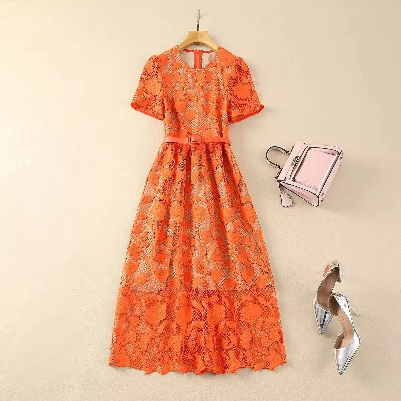 Top Quality New Lace Dress 2024 Spring Summer Luxurious Women O-Neck Allover Crochet Lace Embroidery Mid-Calf Blue Orange Dress