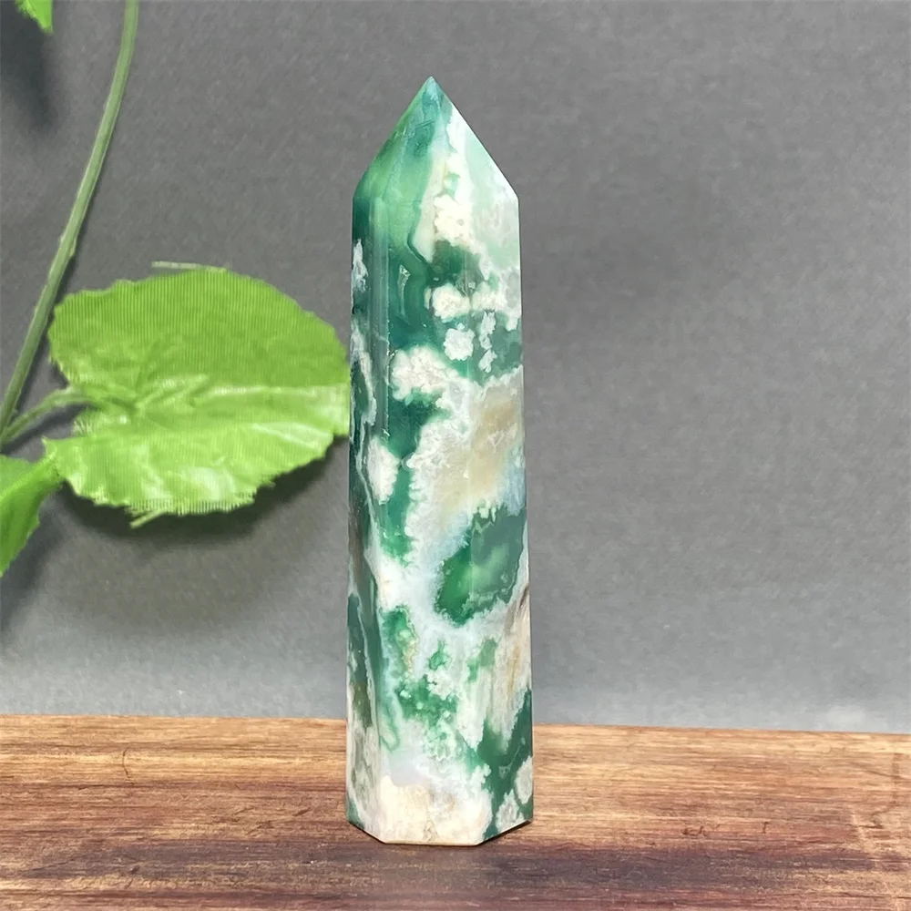 1PC Natural Green Cherry Blossom Agate Crystal Tower Glass Treatment Cherry Blossom Pyramid Obelisk Home Decoration Gift