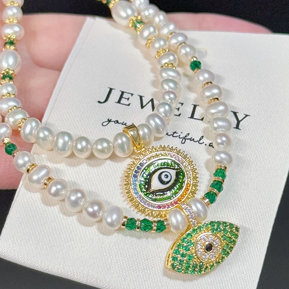 Green Eye of the Devil Necklace with 4-5mm Natural Freshwater Pearls and Emeralds to Drive away Evil and Ward off Misfortune