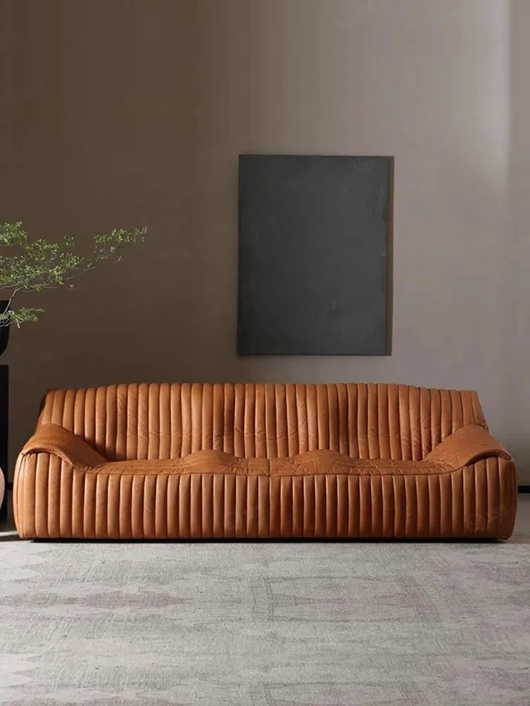 Customized Genuine Leather Sofa Light Luxury Retro Style Furniture Living Room Multi-Person Sofa Oil Wax Leather Craftsmanship
