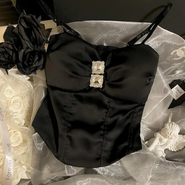 Womens Satin Lace Cami Top Rhinestone Detail Elegant Bridal Lingerie Corset Sleeveless Vneck Sexy Nightwear Party Date 2025 New