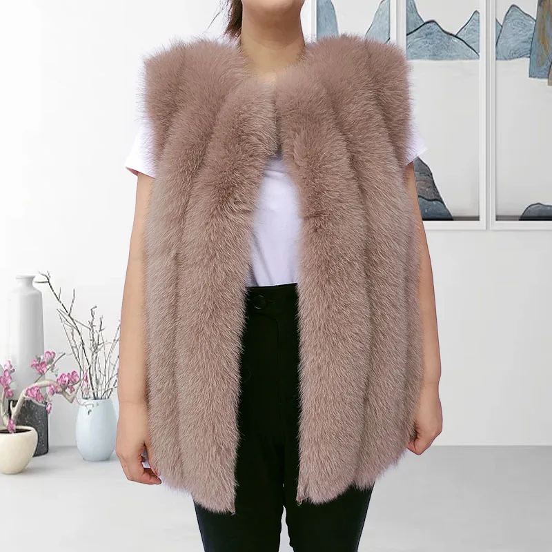 Women\'s Real Fur Vest, Natural Fox Fur Jacket, Warm Sleeveless, Silver Fox, Red, Luxury, High Quality, Spring, Autumn