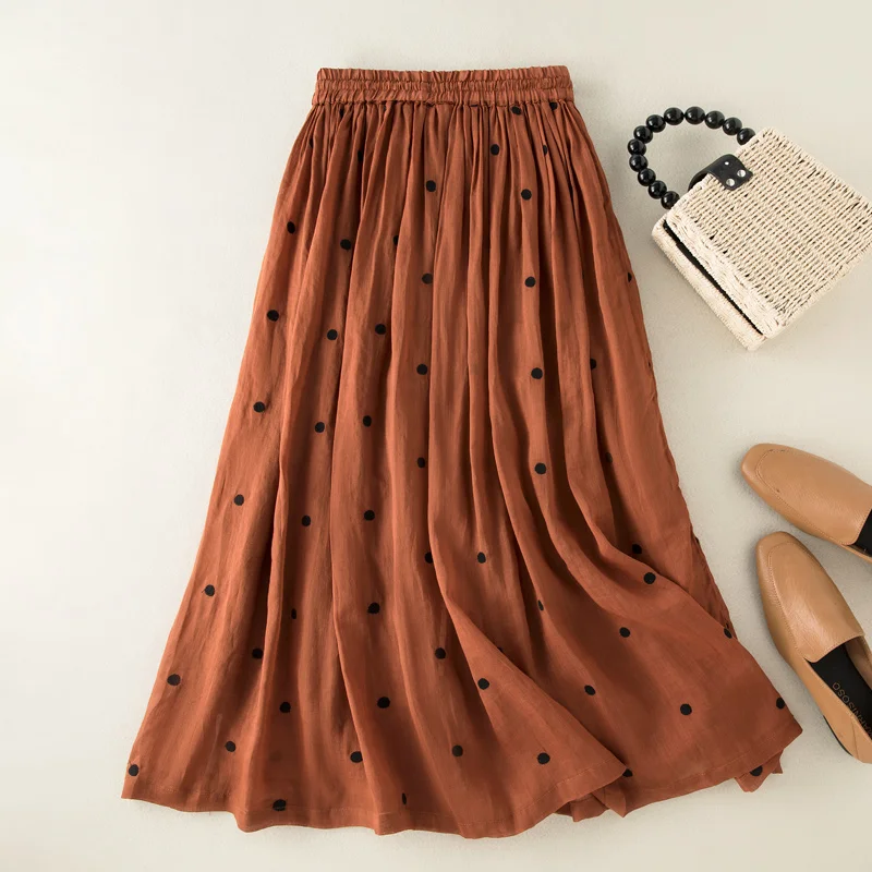 Summer Korean Vintage Dot Casual Womens Elastic Waist Skirts Pleated Skirt Female Fashion Clothing